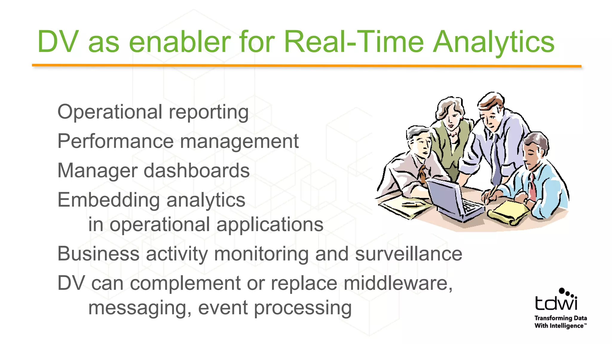 DV as enabler for Real-Time Analytics
Operational reporting
Performance management
Manager dashboards
Embedding analytics
in operational applications
Business activity monitoring and surveillance
DV can complement or replace middleware,
messaging, event processing
 