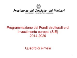 Programmazione dei Fondi strutturali e di
investimento europei (SIE)
2014-2020
Quadro di sintesi
1
Presidenza del Consiglio dei Ministri
DIPARTIMENTO PER LE POLITICHE DI COESIONE
 