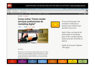 CONSTRUINDO UM MUNDO MELHOR POR MEIO DA INTERNET: www.conrado.com.br

O Curso foi lançado e foi
enviado e-mail para as
pessoas que votaram que
queriam esse curso
Após 3 dias, um banner foi
promovido no Facebook
para os fãs e amigos destes
(tinha cerca de 10 mil fãs na
época)
Apelo de escassez: “Apenas
100 vagas”.

1ºP	
  

Pesquisa	
  

2ºP	
  

Planejamento	
  

3ºP	
  

Produção	
  

4ºP	
  

Publicação	
  

5ºP	
  

Promoção	
  

6ºP	
  

Propagação	
  

7ºP	
  

Personalização	
  

8ºP	
  

Precisão	
  

 