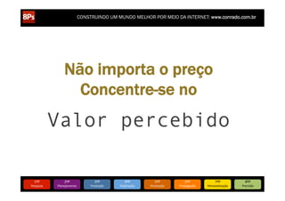 CONSTRUINDO UM MUNDO MELHOR POR MEIO DA INTERNET: www.conrado.com.br

Não importa o preço
Concentre-se no

Valor percebido
1ºP	
  

Pesquisa	
  

2ºP	
  

Planejamento	
  

3ºP	
  

Produção	
  

4ºP	
  

Publicação	
  

5ºP	
  

Promoção	
  

6ºP	
  

Propagação	
  

7ºP	
  

Personalização	
  

8ºP	
  

Precisão	
  

 