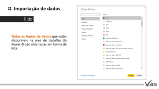 Importação de dados
Tudo
Todas as fontes de dados que estão
disponíveis na área de trabalho do
Power BI são mostradas em forma de
lista.
 