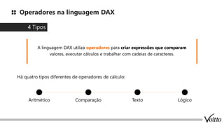 Operadores na linguagem DAX
4 Tipos
Há quatro tipos diferentes de operadores de cálculo:
A linguagem DAX utiliza operadores para criar expressões que comparam
valores, executar cálculos e trabalhar com cadeias de caracteres.
Aritmético Texto
Comparação Lógico
 