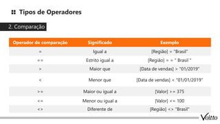 Tipos de Operadores
2. Comparação
Operador de comparação Significado Exemplo
= Igual a [Região] = "Brasil"
== Estrito igual a [Região] = = " Brasil "
> Maior que [Data de vendas] > "01/2019"
< Menor que [Data de vendas] < "01/01/2019"
>= Maior ou igual a [Valor] >= 375
<= Menor ou igual a [Valor] <= 100
<> Diferente de [Região] <> "Brasil"
 