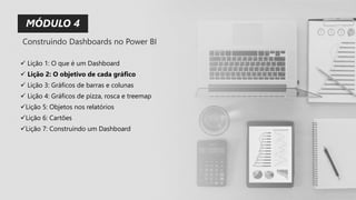 MÓDULO 4
✓ Lição 1: O que é um Dashboard
✓ Lição 2: O objetivo de cada gráfico
✓ Lição 3: Gráficos de barras e colunas
✓ Lição 4: Gráficos de pizza, rosca e treemap
✓Lição 5: Objetos nos relatórios
✓Lição 6: Cartões
✓Lição 7: Construindo um Dashboard
Construindo Dashboards no Power BI
 