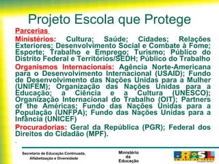 Projeto Escola que Protege Parcerias  Ministérios:  Cultura; Saúde; Cidades; Relações Exteriores; Desenvolvimento Social e Combate à Fome; Esporte; Trabalho e Emprego; Turismo; Público do Distrito Federal e Territórios/SEDH; Público do Trabalho Organismos Internacionais:  Agência Norte-Americana para o Desenvolvimento Internacional (USAID); Fundo de Desenvolvimento das Nações Unidas para a Mulher (UNIFEM); Organização das Nações Unidas para a Educação; a Ciência e a Cultura (UNESCO); Organização Internacional do Trabalho (OIT); Partners of the Américas; Fundo das Nações Unidas para a População (UNFPA); Fundo das Nações Unidas para a Infância (UNICEF) Procuradorias:  Geral da República (PGR); Federal dos Direitos do Cidadão (MPF). . 