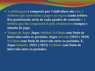  A arbitragem é composta por 3 indivíduos são eles 2

árbitros que controlam o jogo e as regras (cada arbitro
fica posicionado atrás de cada quadro de remissão e 1
árbitro que fica responsável pelo cronômetro (tempo) e
súmula do jogo.
 Tempo de Jogo: Jogos Adultos 3x15min com 5min de
intervalos entre os períodos. Jogos Juvenis (M15 e M18)
3x12min com 5min de intervalo entre os períodos. E,
Jogos Infantis (M11 e M13) 3x10min com 5min de
intervalo entre os períodos.

 