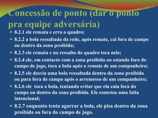 Concessão de ponto (dar o ponto
pra equipe adversária)
 8.2.1 ele remata e erra o quadro;
 8.2.2 a bola ressaltada da rede, após remate, cai fora de campo








ou dentro da zona proibida;
8.2.3 ele remata e no ressalto do quadro toca nele;
8.2.4 ele, em contacto com a zona proibida ou estando fora do
campo de jogo, toca a bola após o remate de um companheiro;
8.2.5 ele desvia uma bola ressaltada dentro da zona proibida
ou para fora de campo após o arremesso de um companheiro;
8.2.6 ele toca a bola, tentando evitar que ela caia fora do
campo ou dentro da zona proibida. Ele cometeu uma falta
intencional;
8.2.7 enquanto tenta agarrar a bola, ele pisa dentro da zona
proibida ou fora do campo de jogo.

 