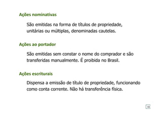 Ações nominativas
São emitidas na forma de títulos de propriedade,
unitárias ou múltiplas, denominadas cautelas.
Ações ao portador
São emitidas sem constar o nome do comprador e são
transferidas manualmente. É proibida no Brasil.
Ações escriturais
Dispensa a emissão de título de propriedade, funcionando
como conta corrente. Não há transferência física.
11
 