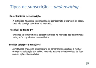 Tipos de subscrição - underwriting
Garantia firme de subscrição
A instituição financeira intermediária se compromete a ficar com as ações,
caso não consiga colocá-las no mercado.
Melhor Esforço – Best efforts
A instituição financeira intermediária se compromete a realizar o melhor
esforço na colocação das ações, mas não assume o compromisso de ficar
com as ações não vendidas.
Residual ou Stand-By
O banco se compromete a colocar os títulos no mercado até determinada
data, após o qual subscreve os títulos.
27
 