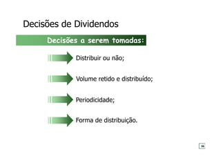 Decisões de Dividendos
Distribuir ou não;
Volume retido e distribuído;
Forma de distribuição.
Periodicidade;
Decisões a serem tomadas:
36
 