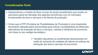  Apresentamos o modelo do fluxo circular da renda (simplificado) que revela um
panorama geral da interação dos agentes econômicos com os mercados
fundamentais de bens e serviços e de fatores de produção.
 Vimos que a FPP (Fronteira de Possibilidades de Produção) é uma importante
ferramenta utilizada pelos economistas para indicar a possibilidade de diferentes
alternativas de produção de bens e serviços, mantida a eficiência da economia,
com base no seu estágio tecnológico.
 Também discutimos os rendimentos decrescentes em
razão do aumento de unidades de fatores ao esforço de
produção dos bens e serviços da economia.
Considerações finais
 