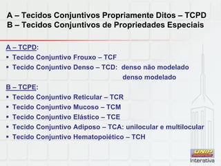 A – Tecidos Conjuntivos Propriamente Ditos – TCPD
B – Tecidos Conjuntivos de Propriedades Especiais
A – TCPD:
 Tecido Conjuntivo Frouxo – TCF
 Tecido Conjuntivo Denso – TCD: denso não modelado
denso modelado
B – TCPE:
 Tecido Conjuntivo Reticular – TCR
 Tecido Conjuntivo Mucoso – TCM
 Tecido Conjuntivo Elástico – TCE
 Tecido Conjuntivo Adiposo – TCA: unilocular e multilocular
 Tecido Conjuntivo Hematopoiético – TCH
 