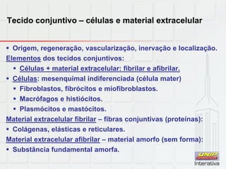 Tecido conjuntivo – células e material extracelular
 Origem, regeneração, vascularização, inervação e localização.
Elementos dos tecidos conjuntivos:
 Células + material extracelular: fibrilar e afibrilar.
 Células: mesenquimal indiferenciada (célula mater)
 Fibroblastos, fibrócitos e miofibroblastos.
 Macrófagos e histiócitos.
 Plasmócitos e mastócitos.
Material extracelular fibrilar – fibras conjuntivas (proteínas):
 Colágenas, elásticas e reticulares.
Material extracelular afibrilar – material amorfo (sem forma):
 Substância fundamental amorfa.
 