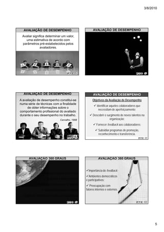 3/8/2010




  AVALIAÇÃO DE DESEMPENHO                                   AVALIAÇÃO DE DESEMPENHO
 Avaliar significa determinar um valor,
   uma estimativa de acordo com                        Desempenho humano é o
 parâmetros pré-estabelecidos pelos                     ato ou efeito de cumprir
              avaliadores.                             ou executar determinada
                                                            missão ou meta
                                                         previamente traçada.
                                                                    Marras, 2000, p. 173




  AVALIAÇÃO DE DESEMPENHO                                   AVALIAÇÃO DE DESEMPENHO
A avaliação de desempenho constitui-se                     Objetivos da Avaliação de Desempenho
numa série de técnicas com a finalidade
                                                               Identificar aqueles colaboradores que
     de obter informações sobre o
                                                                necessitam de aperfeiçoamento;
comportamento profissional do avaliado
durante o seu desempenho no trabalho.                      Descobrir o surgimento de novos talentos na
                                  Carvalho, 1998                         organização;
                                                              Fornecer feedback aos colaboradores;
                                                                Subsidiar programas de promoção,
                                                                reconhecimento e transferência.




      AVALIAÇÃO 360 GRAUS                                       AVALIAÇÃO 360 GRAUS


                                                        Importância do feedback;
                   Avaliação circular ou em rede;
                                                        Ambientes democráticos
                      Avaliação e auto-avaliação;     e participativos;
               Formulários impressos ou digitais;        Preocupação com
                    Comunicação imprescindível;       fatores internos e externos.
   Sigilo das informações facilita a transparência.




                                                                                                             5
 