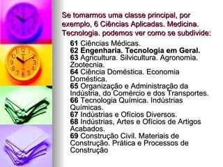 Se tomarmos uma classe principal, por exemplo, 6 Ciências Aplicadas. Medicina. Tecnologia. podemos ver como se subdivide: 61  Ciências Médicas. 62 Engenharia. Tecnologia em Geral. 63  Agricultura. Silvicultura. Agronomia. Zootecnia. 64  Ciência Doméstica. Economia Doméstica. 65  Organização e Administração da Indústria, do Comércio e dos Transportes. 66  Tecnologia Química. Indústrias Químicas. 67  Indústrias e Ofícios Diversos. 68  Indústrias, Artes e Ofícios de Artigos Acabados. 69  Construção Civil. Materiais de Construção. Prática e Processos de Construção . 