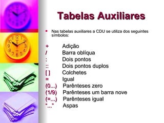 Tabelas Auxiliares Nas tabelas auxiliares a CDU se utiliza dos seguintes símbolos: +  Adição /  Barra oblíqua :  Dois pontos ::  Dois pontos duplos [ ]   Colchetes =  Igual (0...)   Parênteses zero (1/9)   Parênteses um barra nove (=...)  Parênteses igual “ ...”  Aspas 