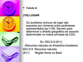 Tabela Ie (1/9) LUGAR Os auxiliares comuns de lugar são expostos por números entre parênteses representados por (1/9). Servem para determinar o âmbito geográfico do assunto determinado no índice principal da CDU. Ex: 553.3/.9 (811) (Recursos naturais na Amazônia brasileira) 553.3/.9  Recursos naturais (811)  Região Norte no Basil 