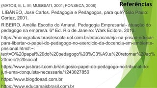 Referências
(MATOS, E. L. M; MUGGIATI, 2001; FONSECA, 2008)
LIBÂNEO, José Carlos. Pedagogia e Pedagogos, para quê? São Paulo:
Cortez, 2001.
RIBEIRO, Amélia Escotto do Amaral. Pedagogia Empresarial- atuação do
pedagogo na empresa. 6ª Ed. Rio de Janeiro: Wark Editora. 2010.
https://monografias.brasilescola.uol.com.br/educacao/eja-na-prisao-educar-
para-libertar-o-papel-do-pedagogo-no-exercicio-da-docencia-em-ambiente-
prisional.htm#:~:
text=O%20papel%20do%20pedagogo%20%C3%A9,a%20retornar%20ao%
20meio%20social
https://www.jusbrasil.com.br/artigos/o-papel-do-pedagogo-no-tribunal-do-
juri-uma-conquista-necessaria/1243027850
https://www.blogdoead.com.br
https://www.educamaisbrasil.com.br
 