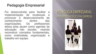 Foi desenvolvida para facilitar a
implementação de mudanças e
promover o desenvolvimento de
conhecimento dentro das
organizações. Os profissionais
dessa área atuam como agentes de
educação não escolar, visando
reconstruir conceitos fundamentais,
como criatividade, organização e
trabalho em equipe.
Pedagogia Empresarial
 