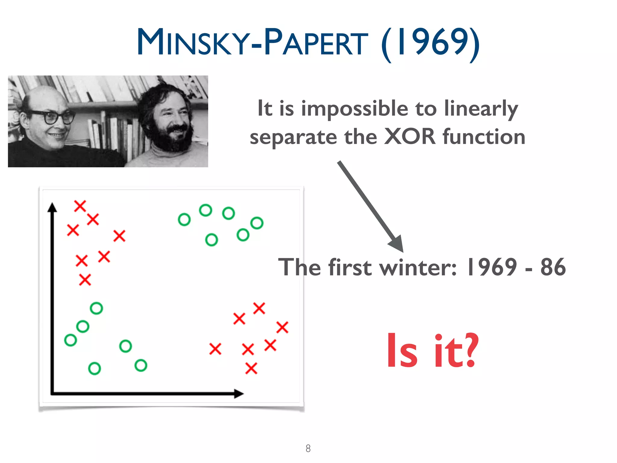 8
MINSKY-PAPERT (1969)
It is impossible to linearly
separate the XOR function
The ﬁrst winter: 1969 - 86
Is it?
 