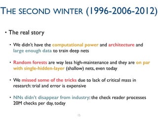 • The real story	

• We didn’t have the computational power and architecture and
large enough data to train deep nets	

• Random forests are way less high-maintenance and they are on par
with single-hidden-layer (shallow) nets, even today	

• We missed some of the tricks due to lack of critical mass in
research: trial and error is expensive	

• NNs didn’t disappear from industry: the check reader processes
20M checks per day, today
15
THE SECOND WINTER (1996-2006-2012)
 