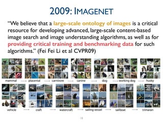 18
2009: IMAGENET
“We believe that a large-scale ontology of images is a critical
resource for developing advanced, large-scale content-based
image search and image understanding algorithms, as well as for
providing critical training and benchmarking data for such
algorithms.” (Fei Fei Li et al CVPR09)	

!
 