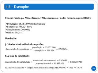 Considerando que Minas Gerais, 1992, apresentou ( dados fornecidos pelo IBGE): População: 15.957.600 mil habitantes; Superfície: 586.624 km²; Nascimentos: 292.036; Óbitos: 99.281. Resolução: O índice da densidade demográfica; A taxa de natalidade; 