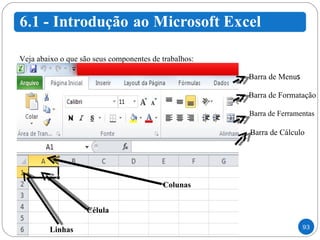 Veja abaixo o que são seus componentes de trabalhos: Barra de Menu s Barra de Formatação Barra de Ferramentas Barra de Cálculo Célula Linhas Colunas 