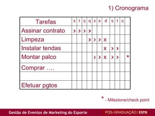 *  - Milestone/check point 1) Cronograma Tarefas s t q q s s d s t q q Assinar contrato x x x x Limpeza  do local x x x x Instalar tendas x x x Montar palco x x x x x * Comprar …. Efetuar pgtos 