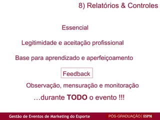 Essencial Legitimidade e aceitação profissional Base para aprendizado e aperfeiçoamento Feedback Observação, mensuração e monitoração … durante  TODO  o evento !!! 8) Relatórios & Controles 