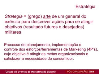 Strategía  = (grego)  arte  de um general do exército para descrever ações para se atingir objetivos (resultado futuros e desejados) militares Estratégia Processo de planejamento, implementação e controle dos esforços/ferramentas de Marketing (4P’s), cujo objetivo é atingir as metas organizacionais e  satisfazer a necessidade do consumidor. 