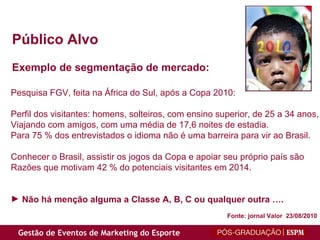 Público Alvo Exemplo de segmentação de mercado: Pesquisa FGV, feita na África do Sul, após a Copa 2010: Perfil dos visitantes: homens, solteiros, com ensino superior, de 25 a 34 anos, Viajando com amigos, com uma média de 17,6 noites de estadia. Para 75 % dos entrevistados o idioma não é uma barreira para vir ao Brasil. Conhecer o Brasil, assistir os jogos da Copa e apoiar seu próprio país são Razões que motivam 42 % do potenciais visitantes em 2014. Não há menção alguma a Classe A, B, C ou qualquer outra …. Fonte: jornal Valor  23/08/2010 