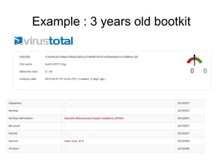 Example : 3 years old bootkit (+
       simple packer)
 