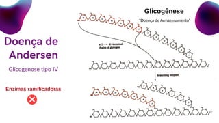 Doença de
Andersen
Glicogenose tipo IV
Enzimas ramificadoras
Glicogênese
"Doença de Armazenamento"
 