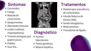 Convulsões.
Fadiga.
Retardo de
crescimento.
Sangramentos.
Obesidade troncular.
Lesões cutâneas
(hiperlipidemia).
Tumores benignos que
podem piorar.
Palidez.
Suor frio...
Sintomas
Diagnóstico
Tratamentos
Exames
laboritoriais.
Testes genéticos
Biópsia hepática.
Dietoterapia: prevalência
de carboidratos.
Infusão Noturna de
Glicose (ING).
Sonda intragástrica.
Medicamentos.
Transplante de fígado.
 
