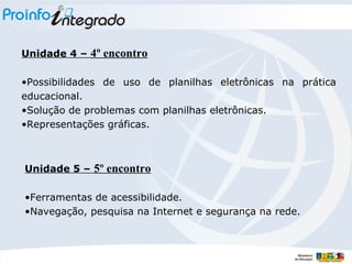 Unidade 4 –  4º encontro Possibilidades de uso de planilhas eletrônicas na prática educacional. Solução de problemas com planilhas eletrônicas. Representações gráficas. Unidade 5 –  5º encontro Ferramentas de acessibilidade. Navegação, pesquisa na Internet e segurança na rede. 