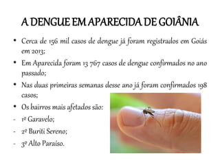 A DENGUE EM APARECIDA DE GOIÂNIA
• Cerca de 156 mil casos de dengue já foram registrados em Goiás
em 2013;
• Em Aparecida foram 13 767 casos de dengue confirmados no ano
passado;
• Nas duas primeiras semanas desse ano já foram confirmados 198
casos;
• Os bairros mais afetados são:
- 1º Garavelo;
- 2º Buriti Sereno;
- 3º Alto Paraíso.

 