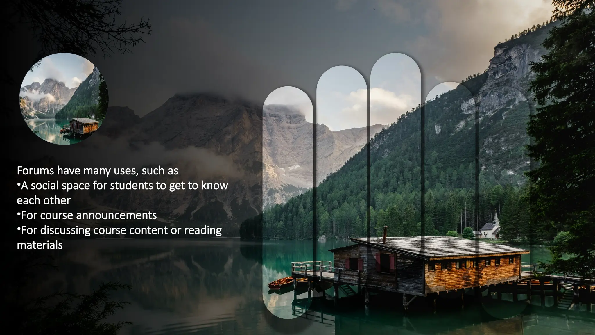 Forums have many uses, such as
•A social space for students to get to know
each other
•For course announcements
•For discussing course content or reading
materials
 