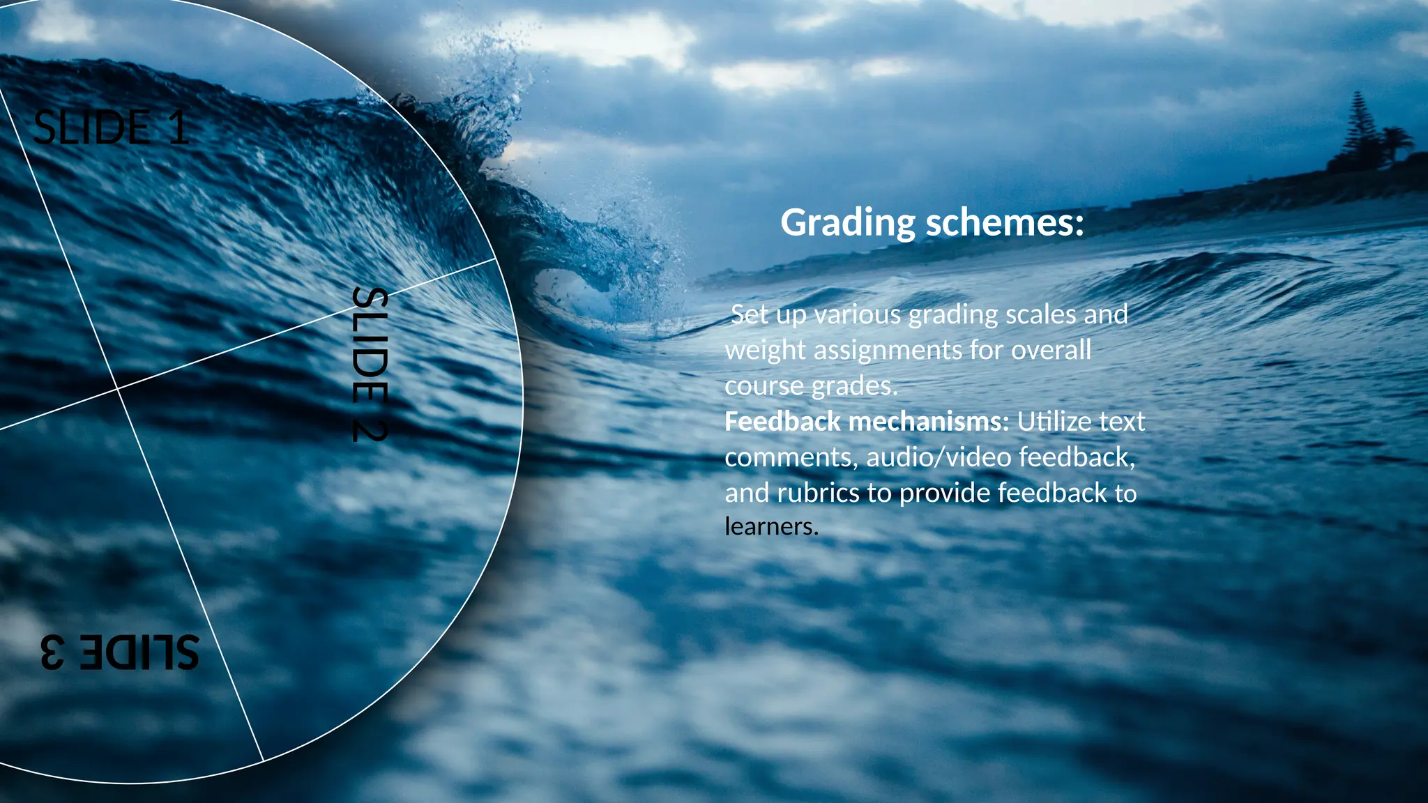 SLIDE
1
SLIDE
2
Grading schemes:
Set up various grading scales and
weight assignments for overall
course grades.
Feedback mechanisms: Utilize text
comments, audio/video feedback,
and rubrics to provide feedback to
learners.
SLIDE
3
SLIDE 1
SLIDE
2
 