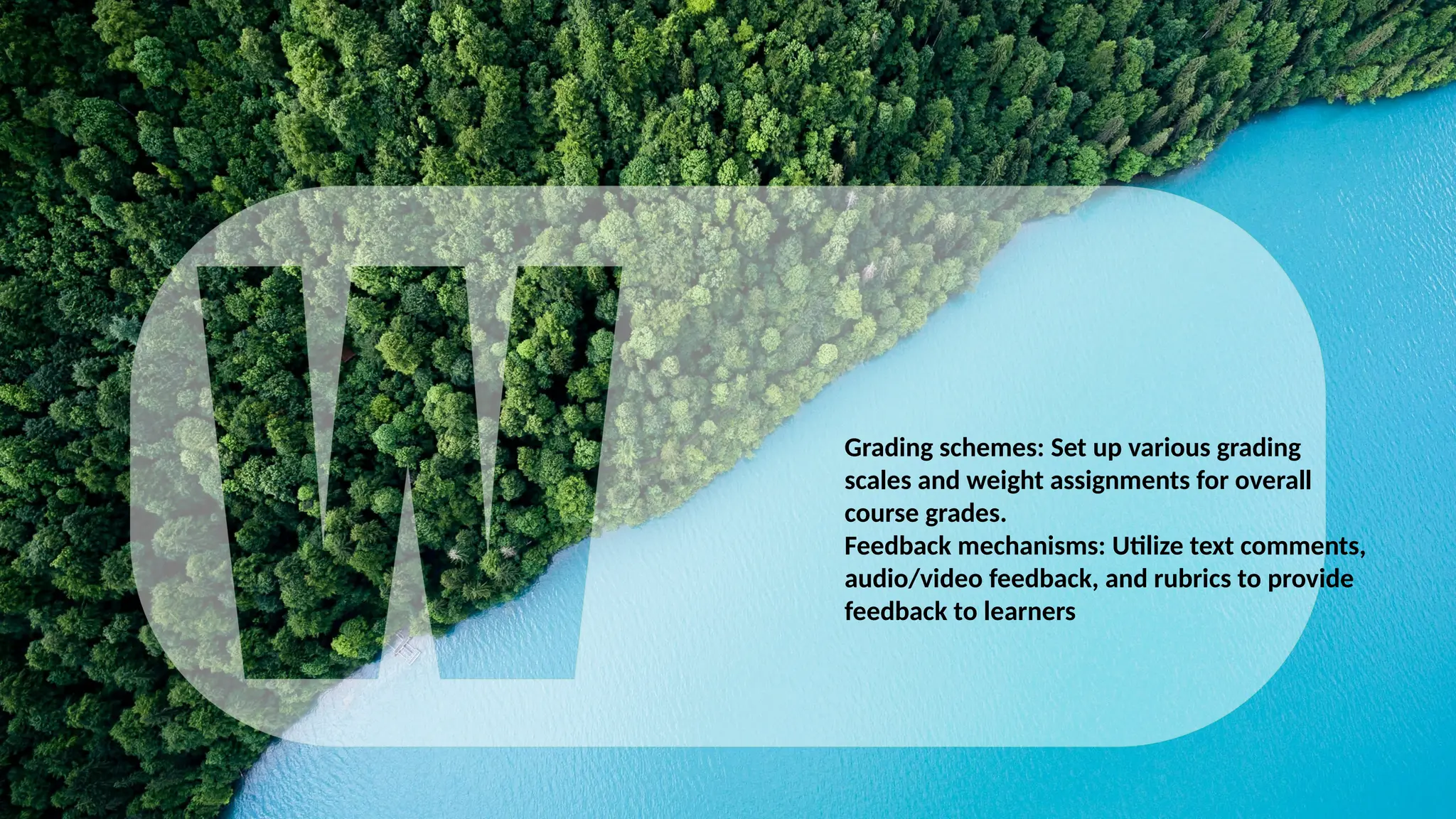 Grading schemes: Set up various grading
scales and weight assignments for overall
course grades.
Feedback mechanisms: Utilize text comments,
audio/video feedback, and rubrics to provide
feedback to learners
 