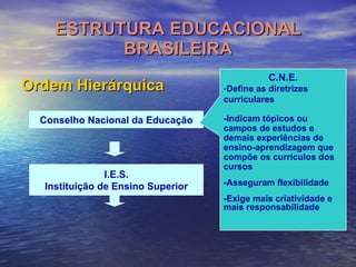 ESTRUTURA EDUCACIONAL BRASILEIRA Ordem Hierárquica Conselho Nacional da Educação I.E.S. Instituição de Ensino Superior C.N.E. Define as diretrizes curriculares -Indicam tópicos ou campos de estudos e demais experiências de ensino-aprendizagem que compõe os currículos dos cursos -Asseguram flexibilidade -Exige mais criatividade e mais responsabilidade 