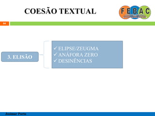 COESÃO TEXTUAL
84
Josimar Porto
3. ELISÃO
 ELIPSE/ZEUGMA
 ANÁFORA ZERO
 DESINÊNCIAS
 