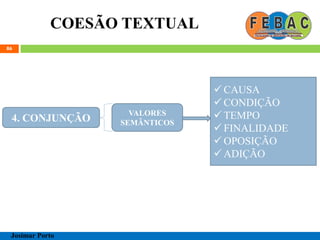 COESÃO TEXTUAL
86
Josimar Porto
4. CONJUNÇÃO
 CAUSA
 CONDIÇÃO
 TEMPO
 FINALIDADE
 OPOSIÇÃO
 ADIÇÃO
VALORES
SEMÂNTICOS
 
