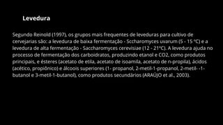 Levedura
Segundo Reinold (1997), os grupos mais frequentes de leveduras para cultivo de
cervejarias são: a levedura de baixa fermentação - Sccharomyces uvarum (5 - 15 ºC) e a
levedura de alta fermentação - Saccharomyces cerevisiae (12 - 21ºC). A levedura ajuda no
processo de fermentação dos carboidratos, produzindo etanol e CO2, como produtos
principais, e ésteres (acetato de etila, acetato de isoamila, acetato de n-propila), ácidos
(acético, propiônico) e álcoois superiores (1- propanol, 2-metil-1-propanol, 2-metil- -1-
butanol e 3-metil-1-butanol), como produtos secundários (ARAÚJO et al., 2003).
 