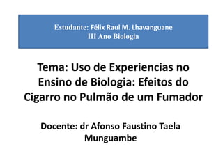 Estudante: Félix Raul M. Lhavanguane 
III Ano Biologia 
Tema: Uso de Experiencias no 
Ensino de Biologia: Efeitos do 
Cigarro no Pulmão de um Fumador 
Docente: dr Afonso Faustino Taela 
Munguambe 
 