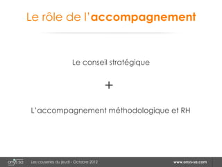 Le rôle de l’accompagnement


                      Le conseil stratégique


                                        +
L’accompagnement méthodologique et RH




Les causeries du jeudi - Octobre 2012          www.onys-sa.com
 