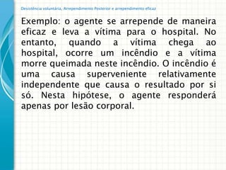 Desistência voluntária, Arrependimento Posterior e arrependimento eficaz


Exemplo: o agente se arrepende de maneira
eficaz e leva a vítima para o hospital. No
entanto, quando a vítima chega ao
hospital, ocorre um incêndio e a vítima
morre queimada neste incêndio. O incêndio é
uma causa superveniente relativamente
independente que causa o resultado por si
só. Nesta hipótese, o agente responderá
apenas por lesão corporal.
 
