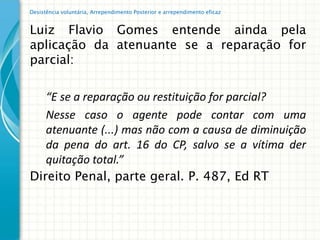 Desistência voluntária, Arrependimento Posterior e arrependimento eficaz


Luiz Flavio Gomes entende ainda pela
aplicação da atenuante se a reparação for
parcial:

   “E se a reparação ou restituição for parcial?
   Nesse caso o agente pode contar com uma
   atenuante (...) mas não com a causa de diminuição
   da pena do art. 16 do CP, salvo se a vítima der
   quitação total.”
Direito Penal, parte geral. P. 487, Ed RT
 