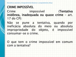 Desistência voluntária, Arrependimento Posterior e arrependimento eficaz


CRIME IMPOSSÍVEL
Crime          impossível        (Tentativa
inidônea, inadequada ou quase crime – art.
17 do CP):
Não se pune a tentativa, quando por
ineficácia absoluta do meio ou absoluta
impropriedade do objeto, é impossível
consumar-se o crime.

O que tem o crime impossível em comum
com a tentativa?
 