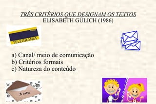 TRÊS CRITÉRIOS QUE DESIGNAM OS TEXTOS ELISABETH GÜLICH (1986) a) Canal/ meio de comunicação b) Critérios formais c) Natureza do conteúdo 